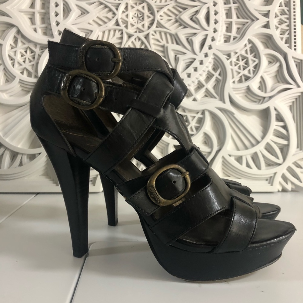 Fergie black platform heels ankle straps & buckles